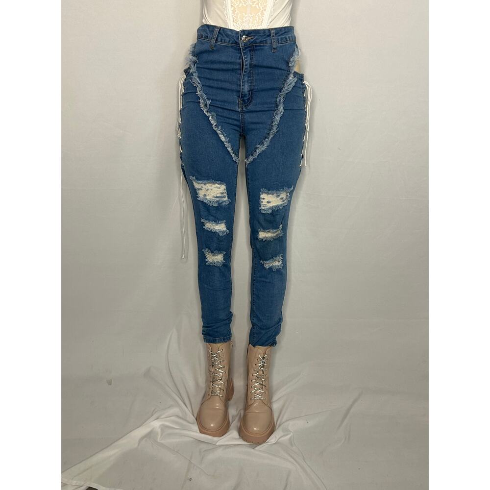 Shein Cutout Lace-Up Distressed Skinny Jeans High Rise Festival W29